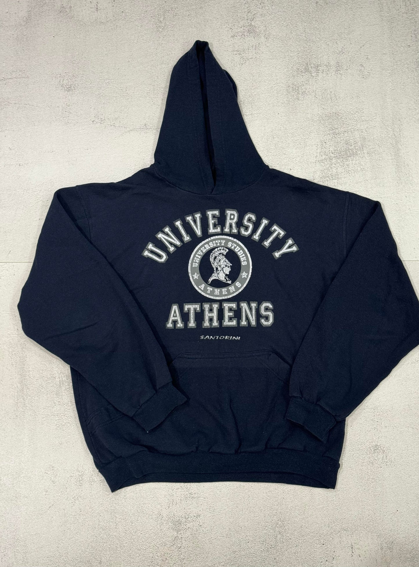 Vintage 00s University of Athens Boxy Pull-Over Hoodie L BLUE