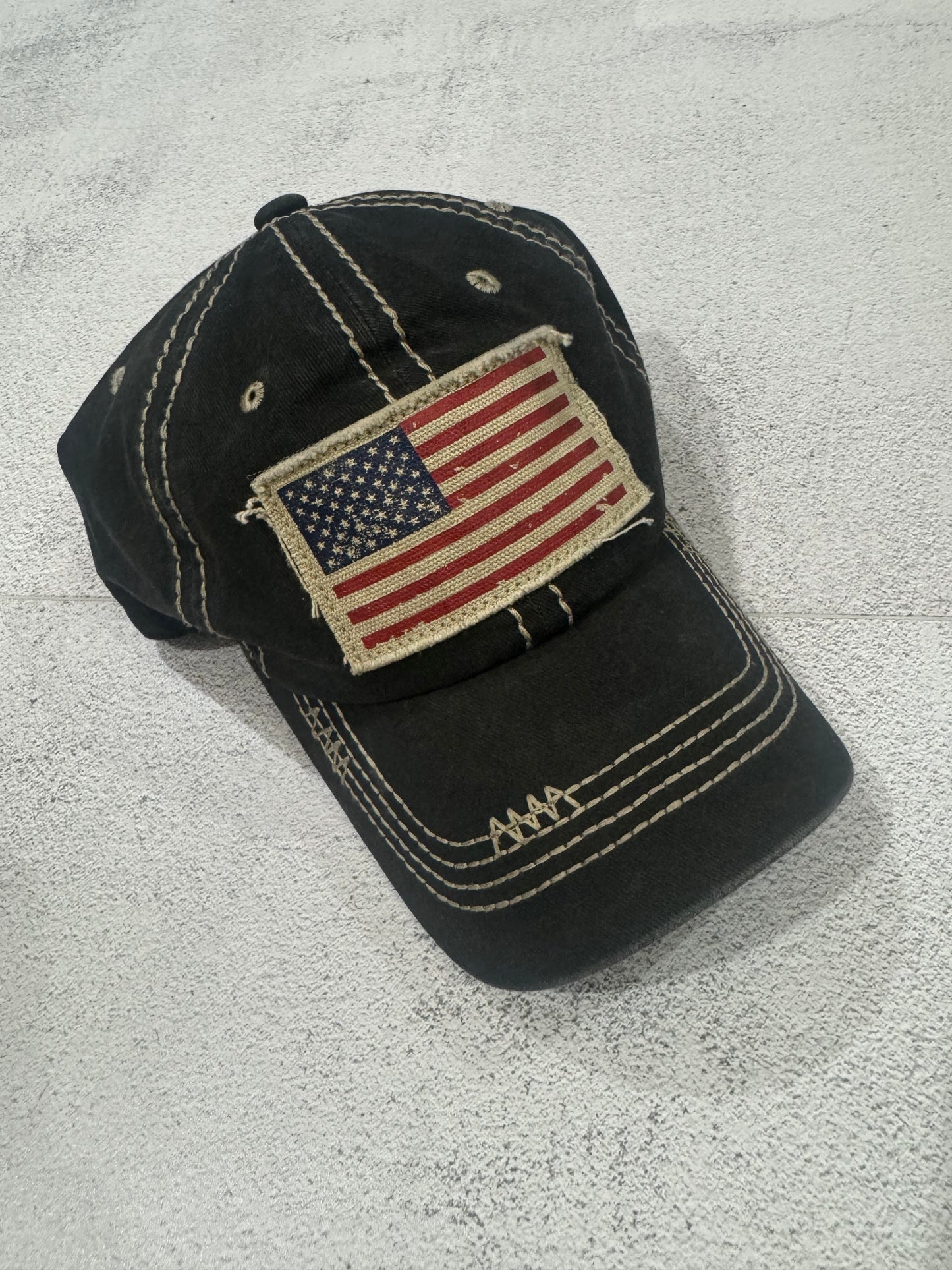 Vintage 00s American Flag Strap-Back Cap DISTRESSED BLACK