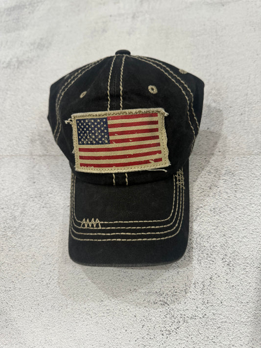 Vintage 00s American Flag Strap-Back Cap DISTRESSED BLACK